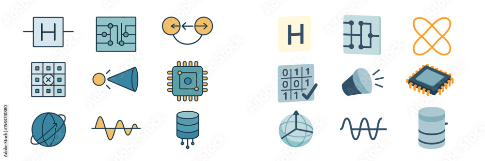 Poster visual representation of various technology and data concepts with symbols on a light background