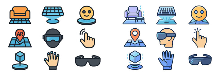 Icon collection featuring augmented reality and virtual reality symbols with various activities and interactions