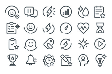 Dark monochrome icon set featuring wellness, productivity, and energy symbols