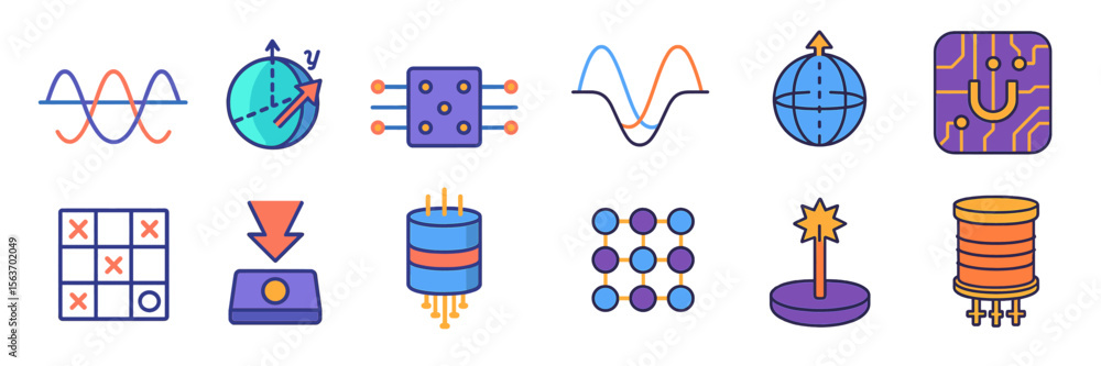 Poster exploring abstract concepts with colorful icons representing technology, mathematics, and science in