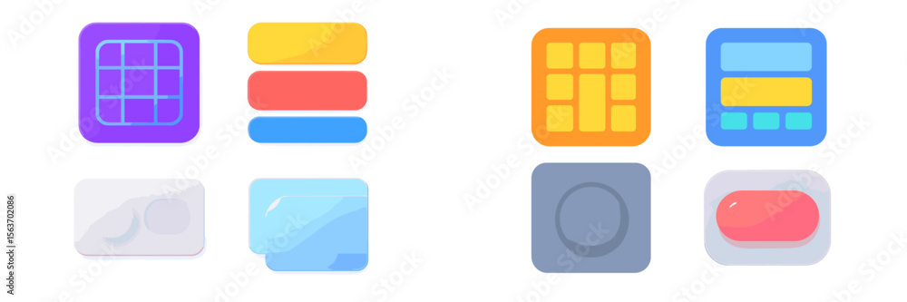 Poster colorful user interface component designs featuring buttons and grids for modern applications and we