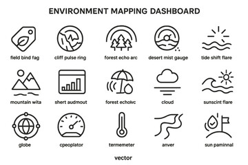 Icons for an environmental mapping dashboard, including weather, terrain, and climate symbols.