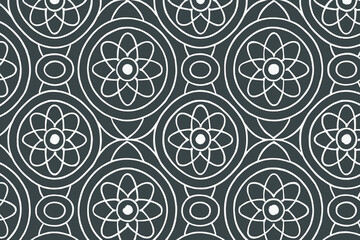 Geometric pattern with circular shapes and floral elements in a minimalistic white and dark design.