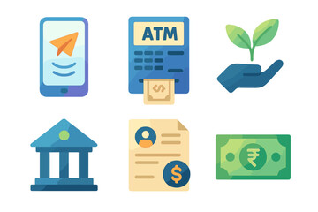 Digital banking icons representing various financial services, including mobile transactions and traditional banking tools