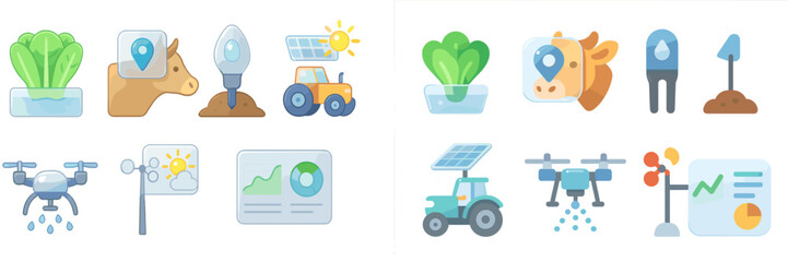 Illustrations depicting agricultural technologies and activities for sustainable farming practices in a modern setting