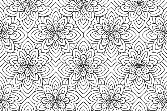 A detailed, symmetrical pattern of flower-like designs, intricately lined in black and white, creating an elegant and hypnotic effect