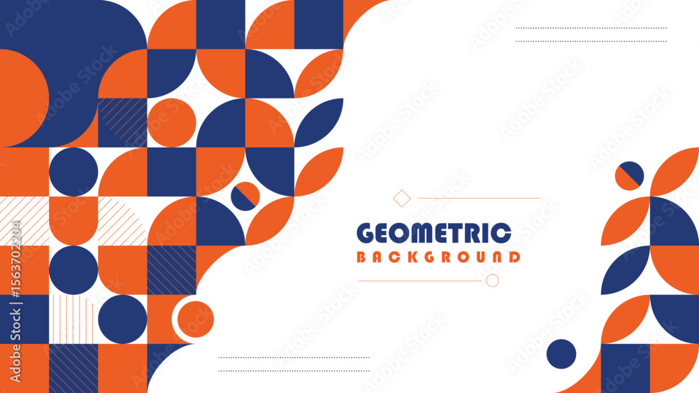 Poster Geometric design with blueorange shapes circles squares quartercircles on white Text reads Geometric Background