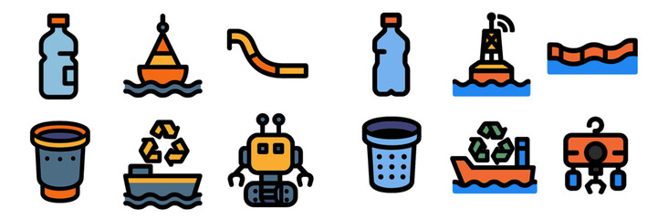 Illustrations of marine themes depicting litter, environmental hazards, and robots on water in a vibrant, cartoonish style