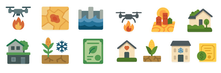 Collection of icons representing environmental hazards, technology, and agricultural concepts highlighting various themes of modern challenges