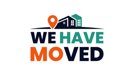 Fototapeta premium High-Quality We Have Moved Logo with Contemporary Design Elements and Map Marker Icon and Symbolic Buildings, Perfect for Announcing Relocation on Websites and Social Platforms