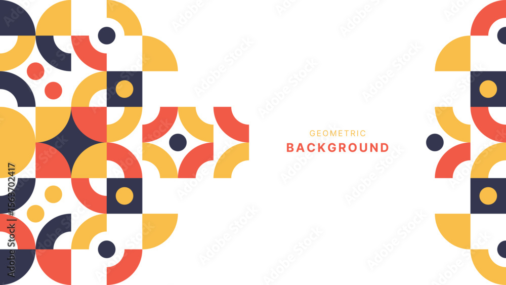 Poster Geometric design with circular and square shapes in yellow coral and navy on a white background