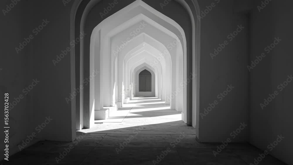 Poster serene architectural passage with elegant arches and soft light in monochrome tones for calming visu