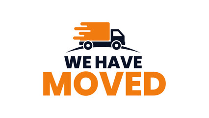 Flat Design We Have Moved Logo with Truck Illustration for Small Business Location Updates, Ideal for Professional Print and Online Use