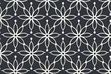 Seamless geometric floral pattern with white outlines on dark background
