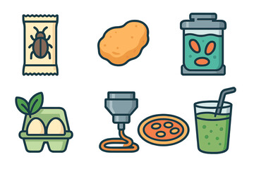 Snacks and beverages showcasing varieties of meals and ingredients on a simple background