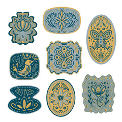 set of ornamental ornaments stamps illustration isolated.  classic blue tones and intricate detailing, this artwork brings a refined decorative touch suitable for contemporary design projects