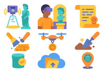 Illustrations of modern technology and artistic methods in heritage preservation and education