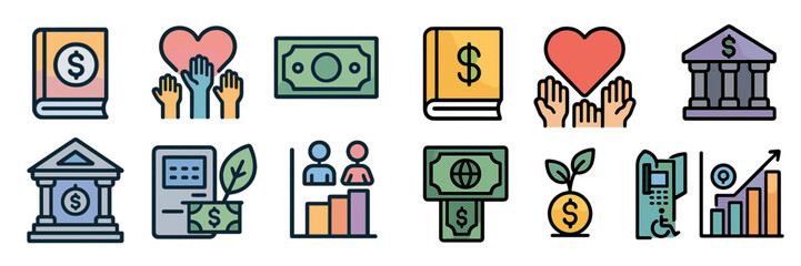 Financial literacy illustrations showing hands and hearts, money symbols, and banking activities in a colorful style