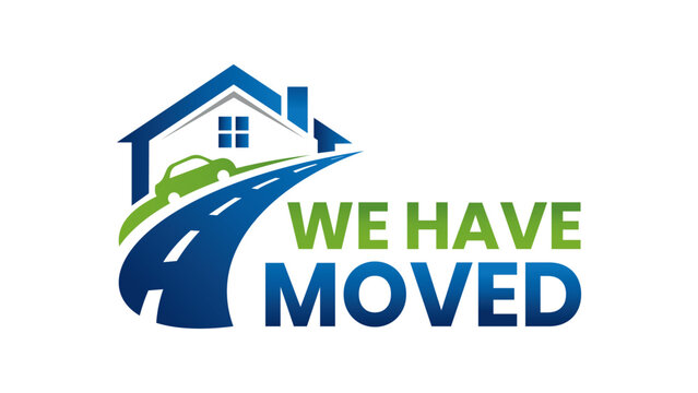 A Vector Logo for “We Have Moved” Message Featuring Moving Moving Car Icon on Road Towards a House for Use in Relocation Ads and Corporate Updates - Powered by Adobe