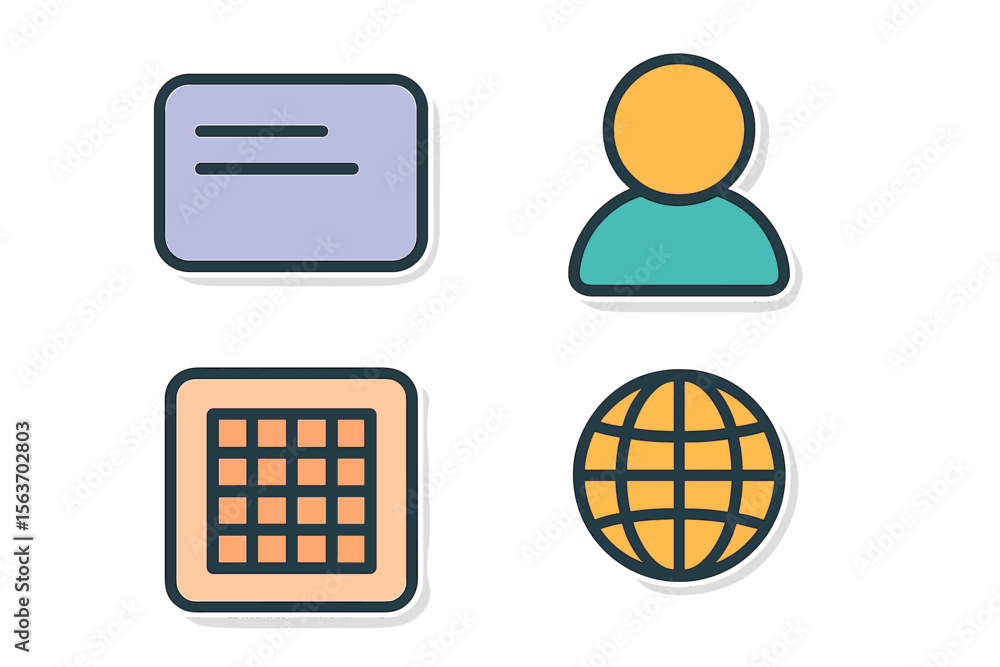Poster icons representing user profile, grid layout, and global connection designed in a minimal style on a