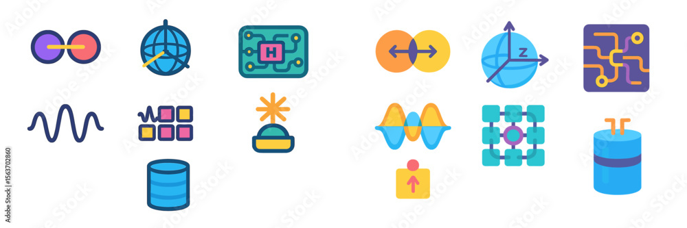 Poster colorful illustrations of technology and science concepts with symbols representing data, systems, a
