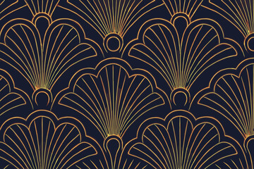 Seamless art deco pattern with glowing gold fan shapes on dark background