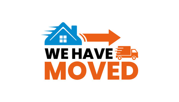 Modern “We Have Moved” Logo Design with Bold Typography and Truck and House Icons for Business Relocation Announcements or Office Change Notices - Powered by Adobe