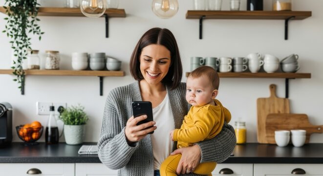 Young Mother Holding Baby While Using Smartphone in Kitchen