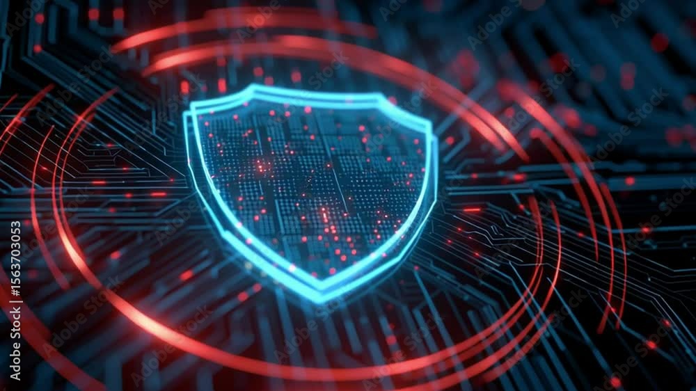 Poster abstract digital shield concept with neon lights and cybersecurity theme in high-tech environment