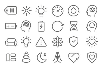 Set of wellness and mindfulness line icons on metallic background