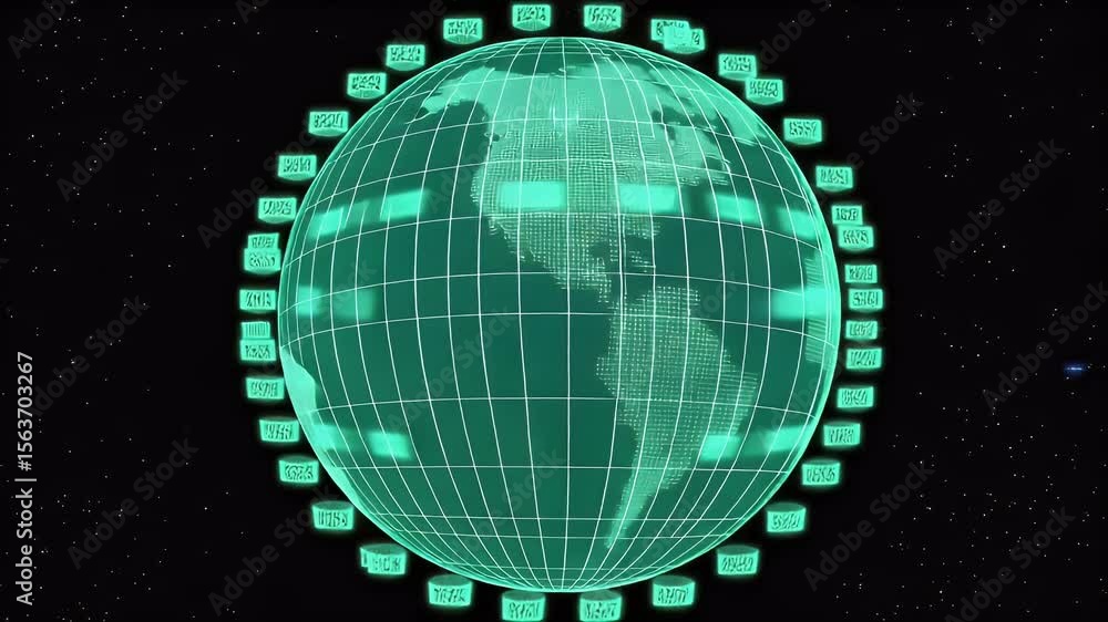 Poster digital globe with grid lines on black background representing data network and global information. 