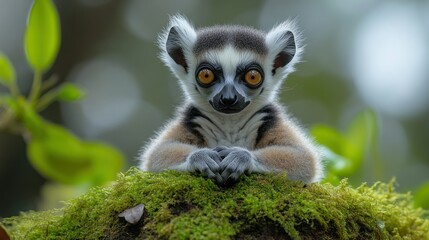 Ring-tailed lemur baby on moss, bright eyes