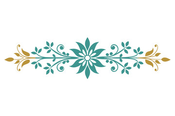 Symmetrical tealgold floral divider ornament on white Features center flower branches swirls leaves and berries
