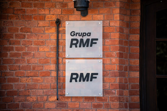 RMF FM radio station logo sign outside company studio headquarters at the Kościuszko Mound in Krak&oacute;w. Signage with brand logotype. Polish commercial radio network on October 18, 2024 in Krakow, Poland