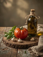 Still life featuring tomato basil garlic and olive oil on a wooden surface in soft natural light