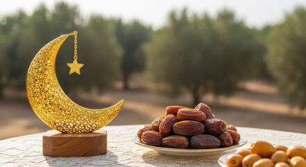 Golden crescent moon with star and dates on table outdoors