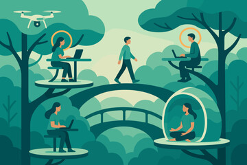 Obraz premium Futuristic workspace in nature with floating platforms, drones, and peaceful workspaces, showing individuals using laptops and meditating in a serene environment.