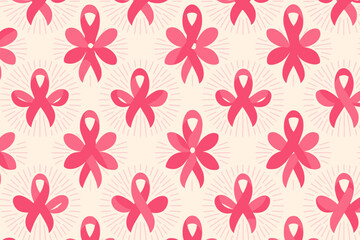 Seamless pattern with pink ribbons and floral shapes on light background