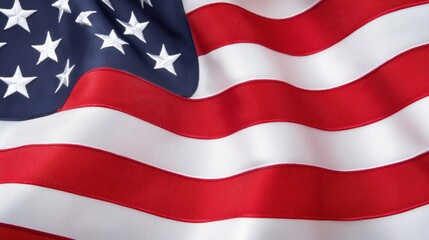 Obraz premium Waving American Flag with Stars and Stripes Displaying Red and White Colors on Crisp Fabric Surface, Symbolizing Patriotism and National Pride