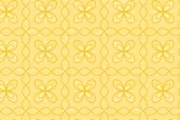 Abstract yellow floral pattern with swirling lines and geometric shapes.