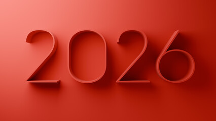 Bold 3D red 2026 numbers are displayed on a matching background, predicting future trends. Concept of futuristic advancements and predictions. New Year and Christmas promotions.