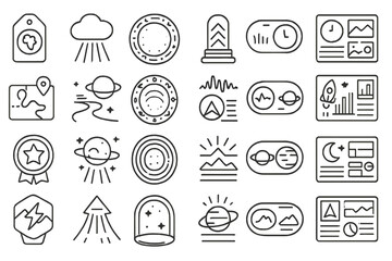 A collection of minimalist icons representing various concepts like location, space, weather, analytics, and user interface elements, featuring planets, stars, maps, mountains, and data charts.