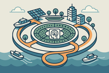 Illustration of a futuristic AI hub with boats, solar panels, and smart city features.