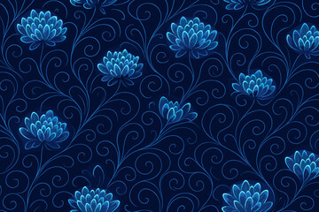 Seamless glowing floral pattern with blue lotus flowers on dark background