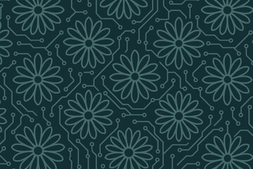 Seamless pattern combining floral shapes with circuit board lines