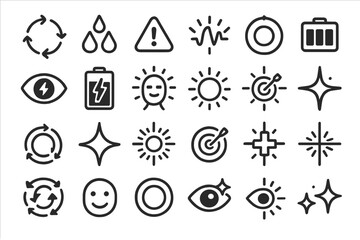 Set of black minimalist UI icons for energy, health, and focus