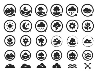 Set of 40 nature and weather-themed vector icons in minimalist black