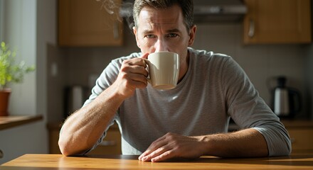 Man enjoys a warm drink in the morning sunlight, lost in quiet contemplation.