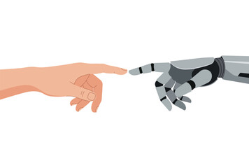 PrintFlat vector illustration of a human hand and a robotic hand about to touch, index finger to index finger, symbolizing the connection between humanity and technology background.