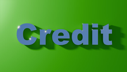 Fototapeta premium A blue 3D text spelling credit is set against a vibrant green background. Concept of financial literacy and economic awareness.